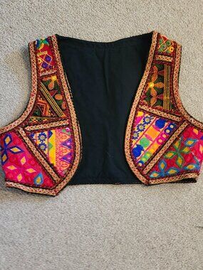 Artisan cotton textile embroidered cropped vest sleeveless jacket